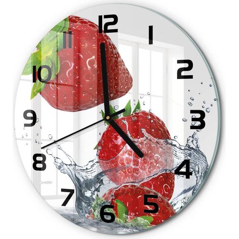 Horloge Murale Ronde Décoration Cuisine en Verre Trempé Silencieuse Moderne Fraises et eau fi 30 cm (1/5)