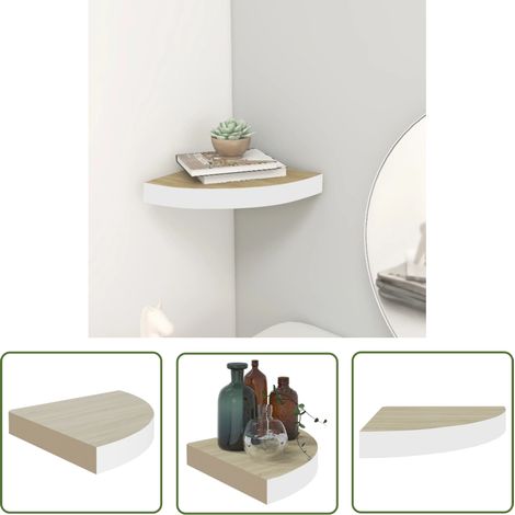 The Living Store Eck-Schweberegal Eichen-Optik und Weiß 25x25x3,8 cm MDF - Eckwandregal - Wandregal - Holzregal - Regal Mit Schubladen - Wohnraumgestaltung (1/5)