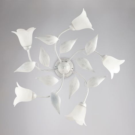 Plafonnier Olga Fer Blanc, Déco Argent Antique, Verre Albâtre D.14, 5 Lumières D.70 Cm Lumière Diffuse Élégante