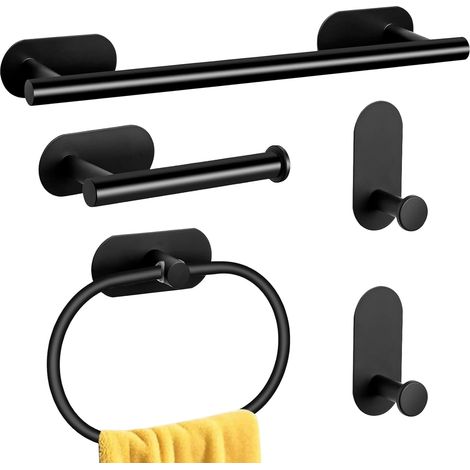 Ensemble porte-serviettes de salle de bain en acier inoxydable, crochets autocollants et porte-papier toilette (noir, 5 pièces) (1/5)