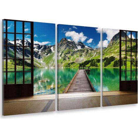 Tableau triptyque trompe oeil amarrage en lac de montagne - 90x60 cm (1/4)