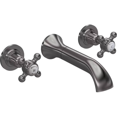 Hudson Reed White Topaz Wall Mounted Crosshead 3-Hole Basin Mixer Tap - Brushed Pewter (1/2)