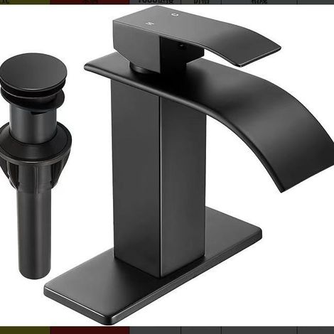 Robinet de Lavabo pour Salle de Bain, Bec Cascade, Mitigeur Robinet d’évier Monocommande Poignée Unique, Faible Bruit, Noir G3/8
