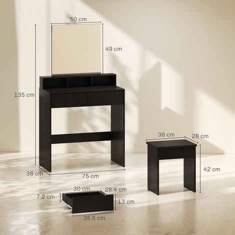 Coiffeuse avec miroir, 3 étagères, 2 tiroirs et tabouret, en bois, 75x38x135cm, noire. (1/5)