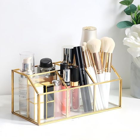 Vintage Kosmetik-Organizer aus goldfarbenem Glas, Aufbewahrung für Pinsel und Kosmetikprodukte, elegant für den Schminktisch.