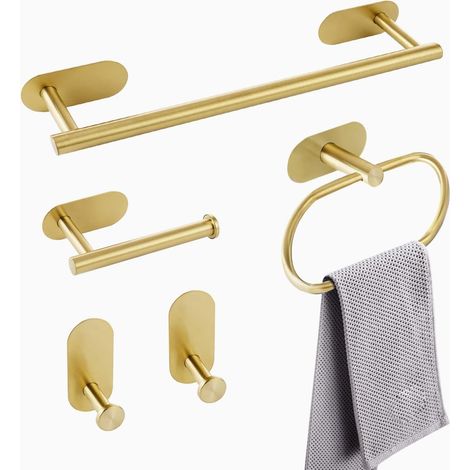 Lntyq Kit de salle de bain 5 pièces Accessoires Barres porte-serviettes 40 cm Adhésif 3M, Anneaux porte-serviettes sans perçage en acier inoxydable 304, Doré