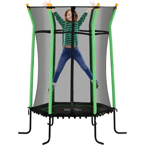Trampoline pour enfants de 3 à 10 ans avec fermeture éclair et poteaux rembourrés, Ø 163,5 x 190 cm, vert