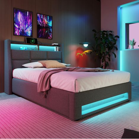 Cama tapizada 90x200 cm, con iluminación LED, puerto USB, almacenaje elevable, lino gris (1/5)