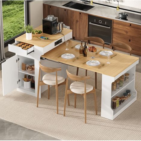 Isola cucina estensibile con ruote, 2 cassetti e prese integrate, bianca (1/5)