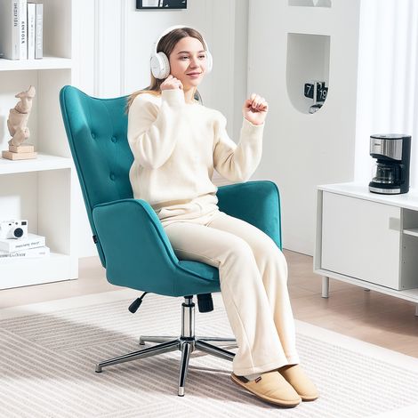 Fauteuil bleu en velours pivotant, réglable en hauteur, avec accoudoirs, idéal pour bureau et salon (1/5)