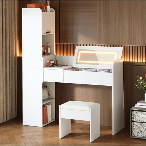 Coiffeuse blanche en bois avec miroir LED 131x40x160 cm, USB, rangement latéral, tiroir et tabouret pour chambre (1/5)