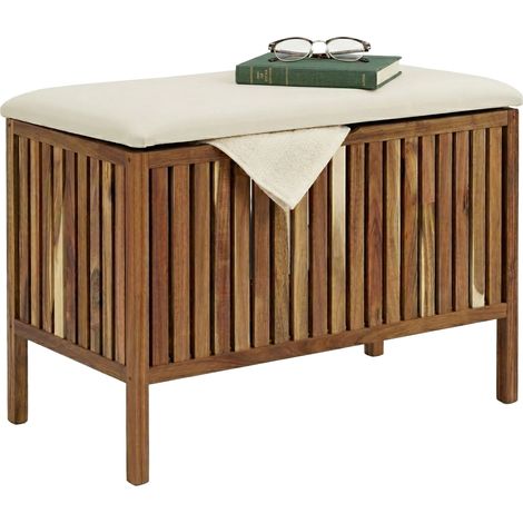 Relaxdays Wäschetruhe mit Sitz, Badbank mit Stauraum, 80 l Wäschesammler, HBT 56x78x39cm, Akazienholz, Stoff, braun/weiß (1/5)