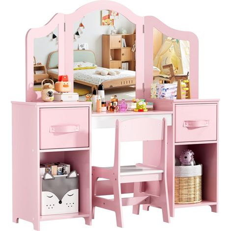 Toeletta per bambini con specchio, sgabello e contenitore, 108x30x114 cm, scrivania per bambini, tavolo da trucco
(Rosa - Bianco) (1/5)