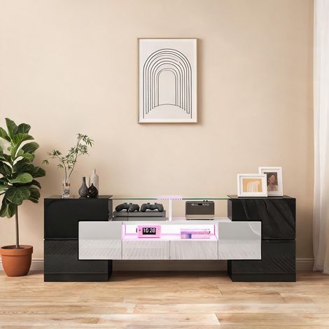 Meuble TV 145 cm blanc brillant avec LED et verre (1/5)