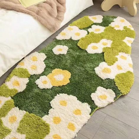 Tapis De Bain En Microfibre - Motif Mousse Et Fleurs - 50x80 Cm - Vert - Antidérapant - Lavable En Machine (1/5)