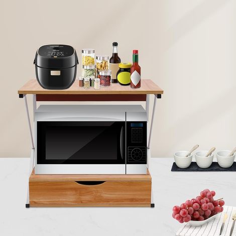Étagère à micro-ondes à 2 niveaux avec tiroirs et couvercles de protection, étagère de cuisine debout pour cuisine et rangement, jusqu'à 10 kg, 54 x 35 x 50 cm