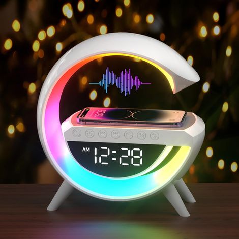 15W Chargeur sans Fil Lampe LED Réveil Lampe d'ambiance Lampe de Table Intelligente avec Haut-Parleur Bluetooth Feux de Course éblouissants 13 Modes Lumières pour Bureau Chambre Cadeau (1/5)