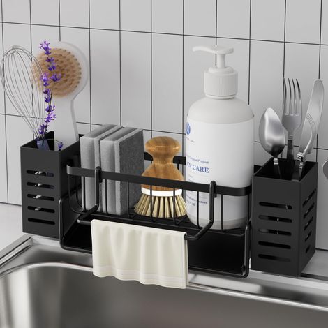 Rangement pour évier de cuisine, support de rangement domestique, égouttoir à double baril pour baguettes (avec tige), noir (1/5)