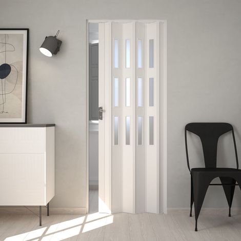 Porta a soffietto da interno in pvc 83x214 cm mod. Maya colore Bianco Pastello con vetro Satinato