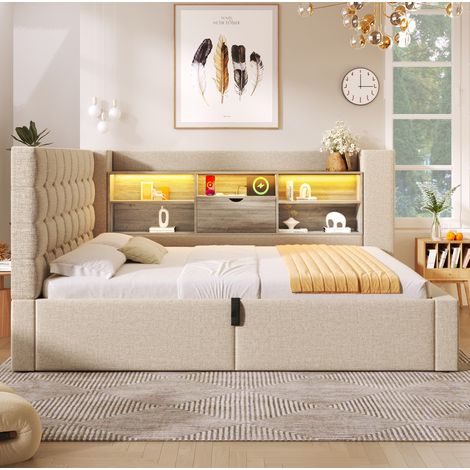 Bett Doppelbett Stauraum 140x190 LED Leinen OKMYHOME (1/5)