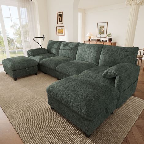 Canapé d’angle modulable 6 places avec 2 poufs et coffre de rangement canapé avec ports USB Type C en chenille vert 273,5x133x81 cm