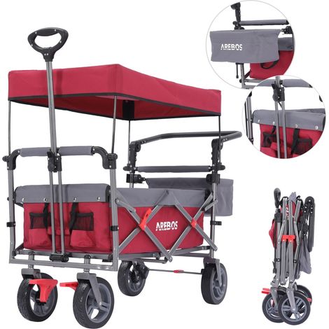 AREBOS Carro de Mano Premium con Techo Plegable Carro de Jardín 100 kg Rojo/Gris