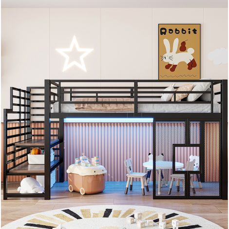 MEUBLIV Cama alta 90x200 cm negra con escalera, almacenaje y LED integrada, sin colchón (1/5)