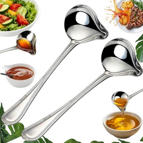 Juego de 2 cucharones de acero inoxidable de 20 cm con pico angular para sopas, salsas y aderezos, aptos para lavavajillas y duraderos (1/5)