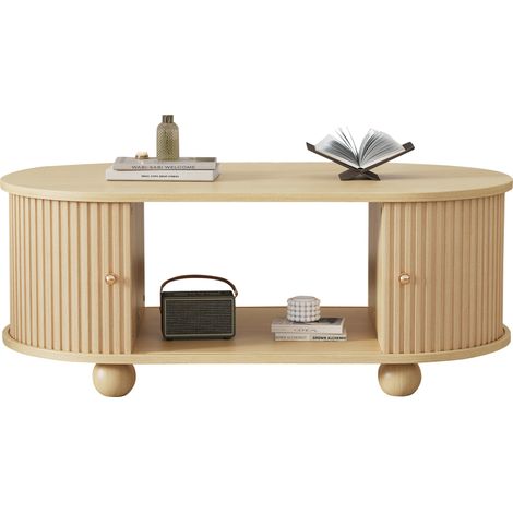 Table basse ovale avec espace de rangement et portes coulissantes – Meuble multifonction gain de place finition bois (1/5)