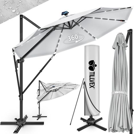 tillvex Parasol haut de gamme en aluminium gris 330 cm + housse et pare-vent  Parasol déporté 6 positions avec manivelle  Parasol de jardin rotatif, inclinable et inclinable à 360°  Grand parasol à ma