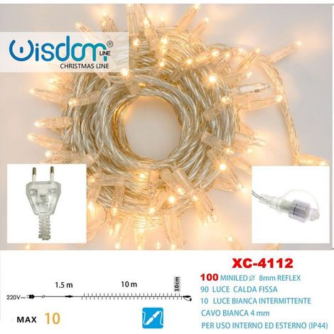 Wisdom - Catena Luminosa 100 Luci Led Lucciole Caldo Fisso + Bianco Intermittente Xc-4112 -