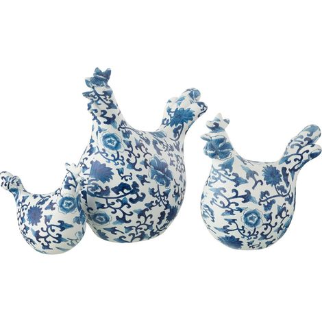 Lot de 3 Statuettes Coq Imprimé "Alfredo" 21cm Bleu & Blanc (1/2)