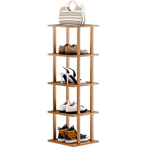 Wilitto - Étagère à chaussures en bambou - cinq niveaux, 23 x 25 x 77 cm, adaptée aux talons hauts et aux bottes, peut être utilisée comme présentoir de rangement pour pots de fleurs, marron (1/5)