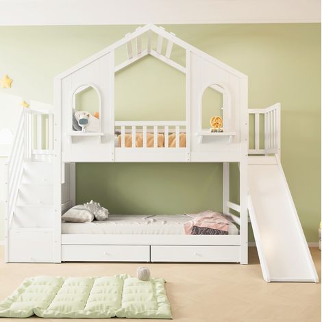 Lit mezzanine enfant 90 x 200 cm en bois blanc avec toboggan, escalier de rangement et tiroirs (1/5)