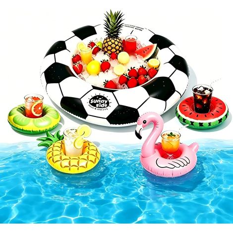 Bar gonflable flottant pour piscine, plateau flottant en 5 parties, 1 plateau porte-gobelets et 4 porte-gobelets, pour des fêtes d'été sur le thème hawaïen (1/5)