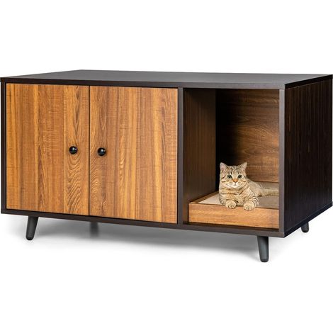 Goplus – Maisonnette pour chat en bois – Meuble de rangement avec griffoir amovible – Dimensions 90 x 50 x 50 cm – Design industriel et anti-rayures