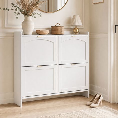 Meuble à Chaussures - 4 Abattants - Grande Capacité 15 Paires - Entrée et Couloir - Blanc - 110 x 90 cm - Scandinave Moderne (1/5)