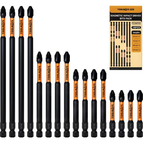 Lot de 16 embouts magnétiques PH2 et PZ2, 4 x 50 mm/75 mm/100 mm/150 mm, longs embouts de tournevis Pozidriv robustes, forets magnétiques en acier S2 (1/5)