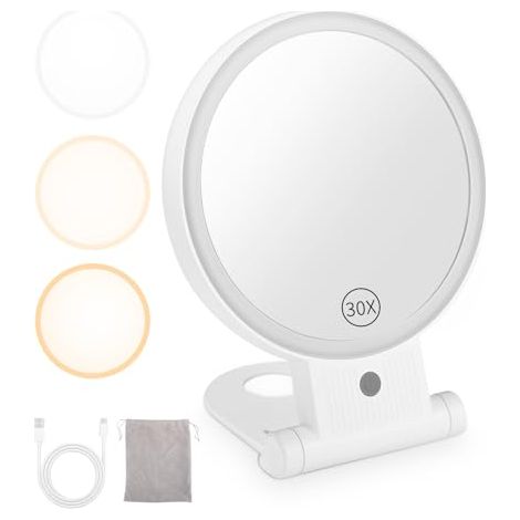 [MAI USATO]Specchio ingranditore 30X con luce, specchio per il trucco ingranditore illuminato, specchio ingranditore illuminato ricaricabile, specchio cosmetico pieghevole portatile con custodia, bomb (1/5)
