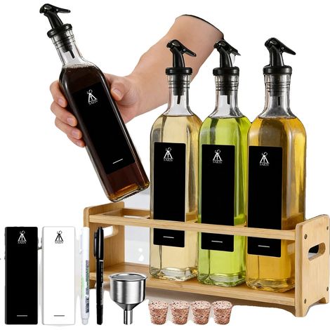 Juego de dispensadores de aceite y vinagre, diseño a prueba de fugas, soporte de bambú, 4 piezas de 500 ml. (1/2)