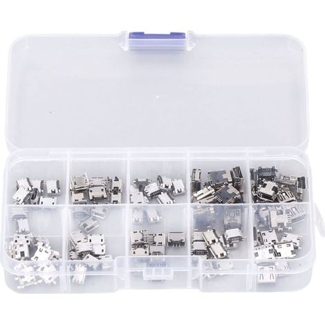 Surtido de 100 conectores micro USB hembra, mini USB, adaptadores de repuesto para reparación con caja de almacenamiento. (1/4)