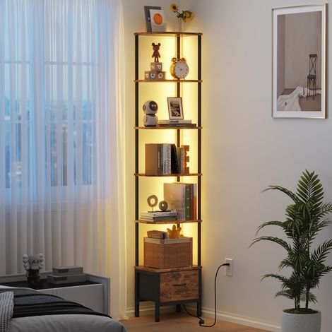 Étagère d'angle 6 Niveaux avec LED et tiroir, Brun LED pilotable par APP, montage facile, gain de place, 27×37 cm, étagère étroite, rangement & présentation (1/5)