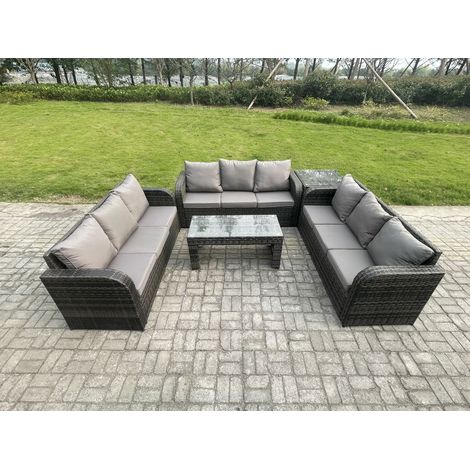 Fimous Outdoor Lounge Sofa Set Rattan Garden Furniture Set with Rectangular Coffee Table Side Table 3 Seater Sofa Dark Grey Mixed (1/5)