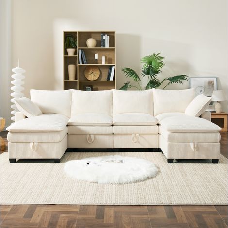 Sofá modular 280x151x82 cm beige en pana con almacenamiento, USB, portavasos y 2 reposapiés (1/5)