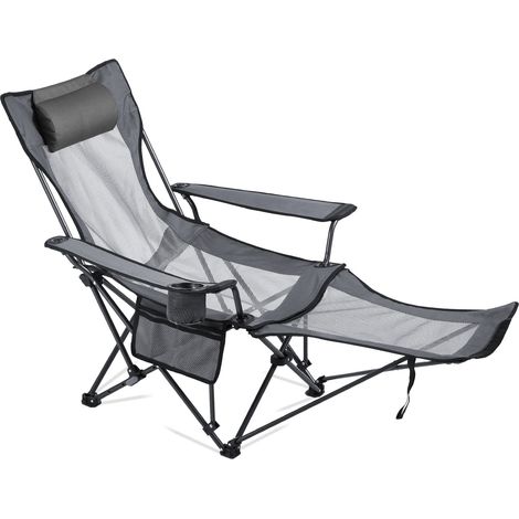 VEVOR Chaise de Camping Pliante, 4 Positions Reglables, Chaise Longue Inclinable Portable pour Adultes, avec Repose-pieds, Appui-tete, Tissu Maille, Capacite Charge 100 kg, pour Plage, Terrasse, Gris