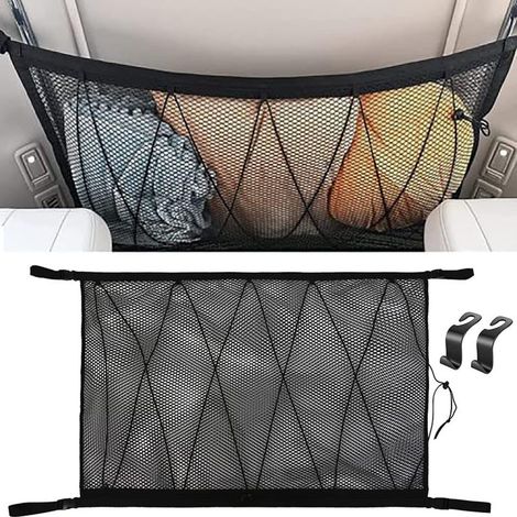 Red de almacenamiento para coche de 90 x 65 cm – Poliéster negro – 2 ganchos ajustables – Organizador para SUV, Jeep, furgoneta – 90 cm x 65 cm (1/5)