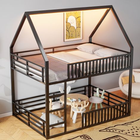 Lit superposé - lit cabane - lit 140x200 cm - LED et barrière - en métal noir - sans matelas (1/5)