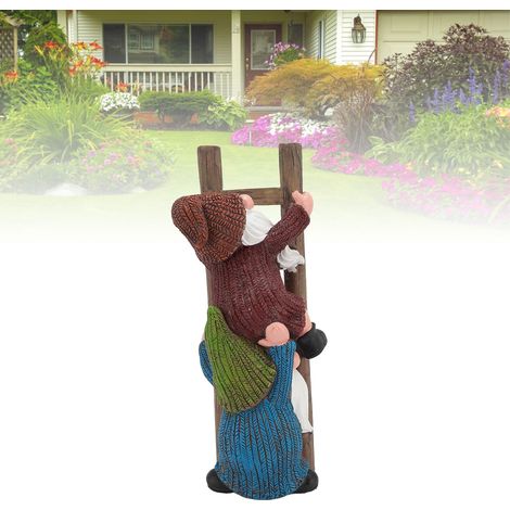 Figura decorativa de jardín de gnomo trepador, hecha de resina, 250 x 82 x 65 mm – estatua de gnomo trepador sobre una escalera para decorar jardines y porches. (1/5)