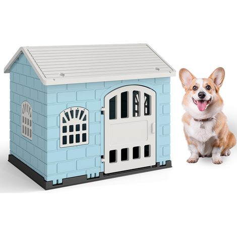 COSTWAY Cuccia per Cani da Esterno ed Interno, Cassetta per Cani con Porta Bloccabile, 3 Finestre e Tetto Inclinato, Cucce per Cagnolino in Plastica Impermeabile (Blu) (1/5)