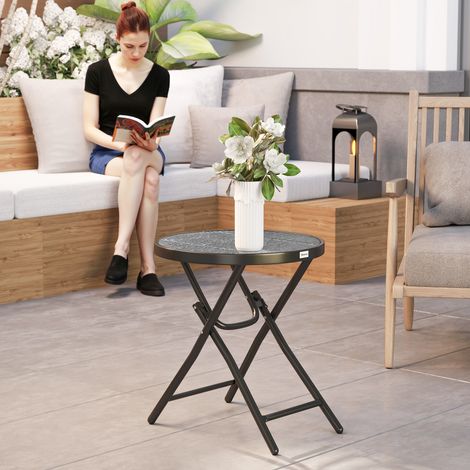 Table basse ronde bistro de jardin Ø 60 x 50H cm pliable métal noir plateau verre trempé noir